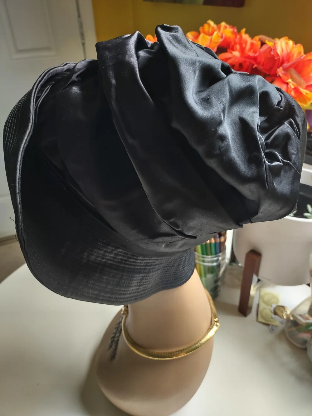 Charo Original Vintage Satin Fabric Brim Hat with Pleating and Iridescent Beads